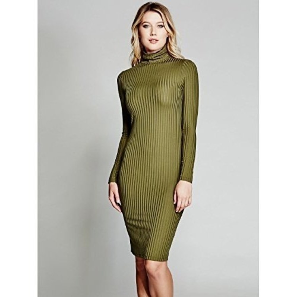 GUESS Marciano Olive Green Ribbed Turtleneck Long Sleeve Bodycon Dress
